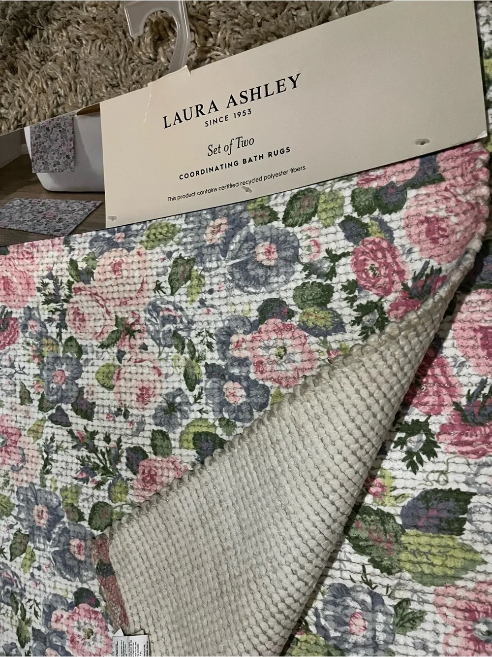 Laura Ashley Pink and Green Floral Bath Mat Set